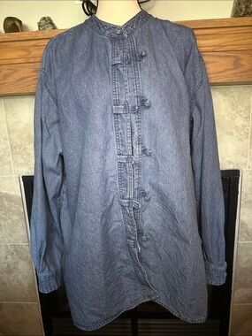 Y2K Denim Shacket Mock Collar Tie Button Long Sleeve Top Crossing Pointe XL